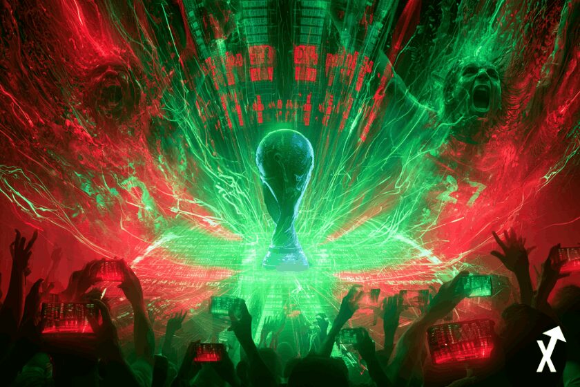 marché de prédiction Coupe du Monde 2026 électrique, cadrans de probabilité rouge néon et vert électrique vibrants se percutant et fusionnant en énergie explosive, joueurs de football abstraits se dissolvant en flux de données blockchain rouge et vert brillants, trophée de la Coupe du Monde