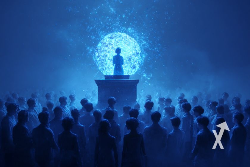 Foule de personne de dos qui regardent une boule de cristal bleue