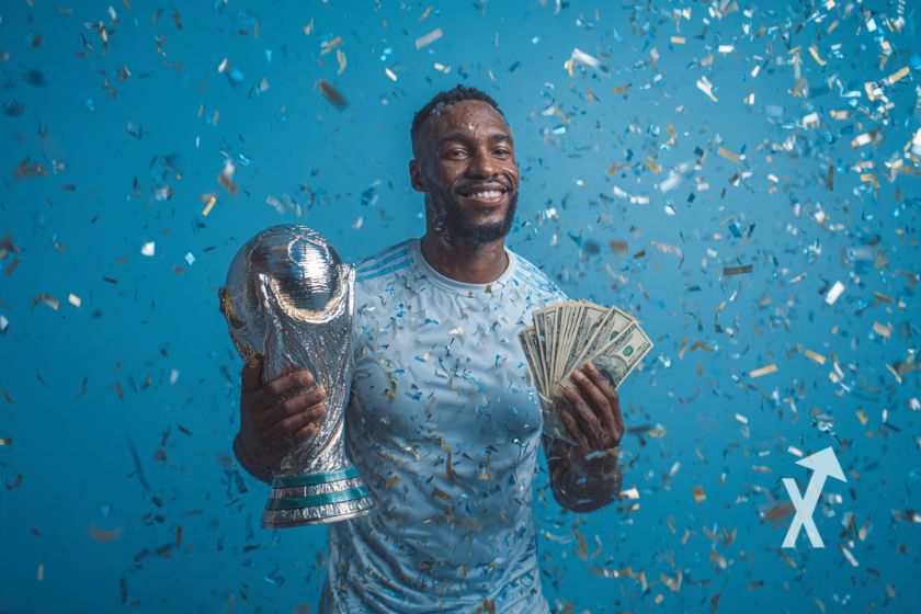 Homme qui tiens la coupe du monde et une liasse de billets sur un fond bleu