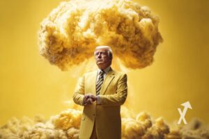 trump devant une explosion et fond jaune
