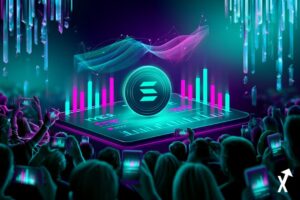 Solana, pièce SOL brillante au centre d'un tableau de bord de trading teal et indigo vibrant, barres de probabilité YES et NO en lumière teal électrique et magenta se mettant à jour en temps réel