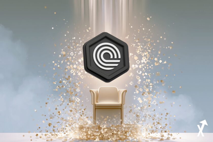 Illustration hommage à Nathan Allman, fondateur d'Ondo Finance, chaise vide sous le logo Ondo entouré de particules dorées