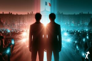 marché de prédiction politique, deux silhouettes élégantes en costume de dos au centre face au drapeau français brillant en or rosé et turquoise vibrants, silhouette du Palais de l'Élysée