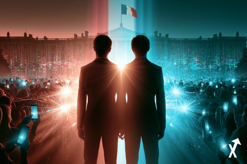 marché de prédiction politique, deux silhouettes élégantes en costume de dos au centre face au drapeau français brillant en or rosé et turquoise vibrants, silhouette du Palais de l'Élysée