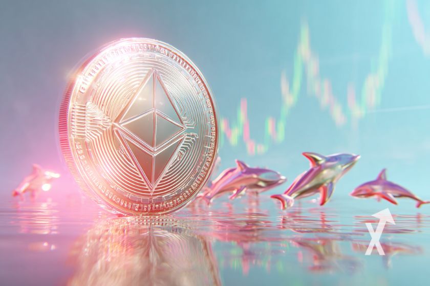 coin ethereum sur un fond bleu avec trendline et baleines en fond