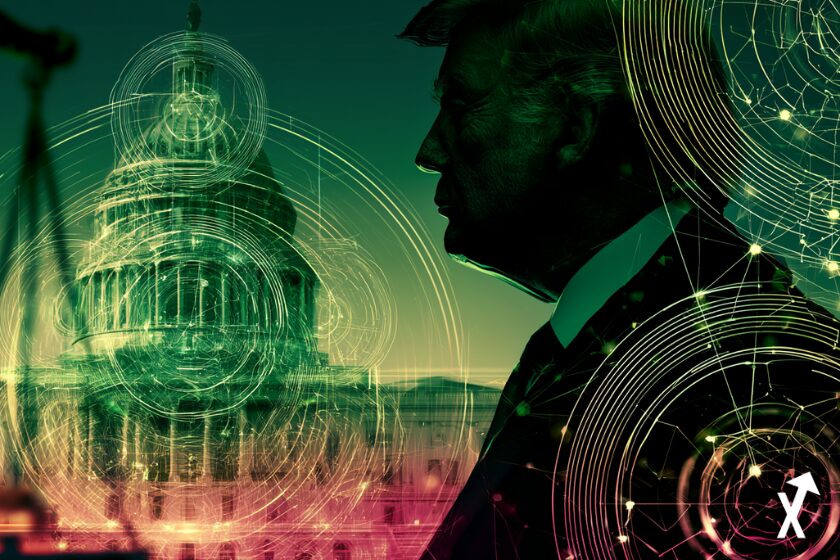 llustration financière politique lumineuse, bâtiment abstrait du Capitole américain se dissolvant en cadrans de probabilité de marché de prédiction vert émeraude et fuchsia brillants, balances de justice se transformant en nœuds de smart contract blockchain, bataille réglementaire État vs fédéral