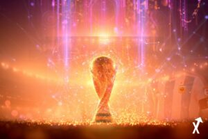 crypto Coupe du Monde 2026, trophée FIFA brillant au centre entouré de nœuds de réseau blockchain abstraits en lumière pêche et lavande vibrante, cadrans de marché de prédiction Polymarket flottant au-dessus d'une silhouette de stade de football, symboles de fan tokens