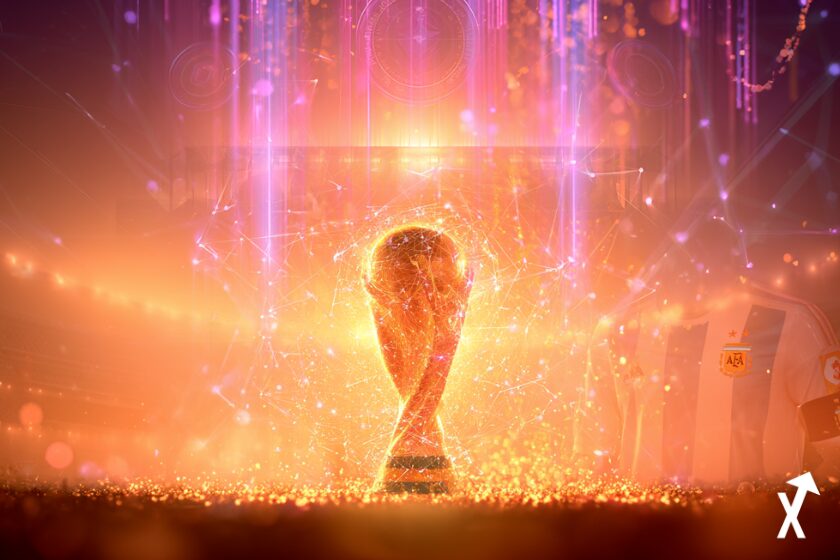 crypto Coupe du Monde 2026, trophée FIFA brillant au centre entouré de nœuds de réseau blockchain abstraits en lumière pêche et lavande vibrante, cadrans de marché de prédiction Polymarket flottant au-dessus d'une silhouette de stade de football, symboles de fan tokens