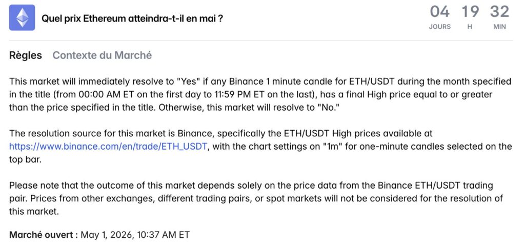Règles du marché Polymarket "Quel prix Ethereum atteindra-t-il en mai ?", résolution basée sur le prix High ETH/USDT 1 minute sur Binance, marché ouvert depuis le 1er mai 2026