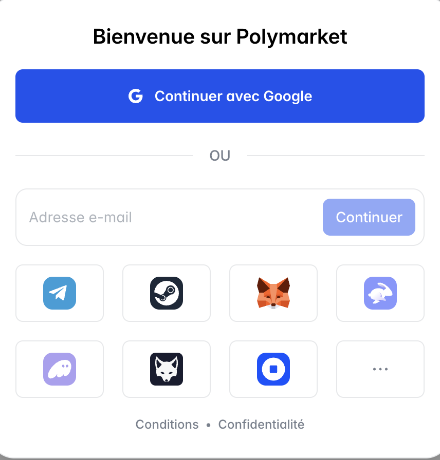 Connexion Polymarket avec wellet set compte google