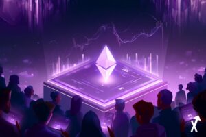 marché de prédiction pour Ethereum, symbole diamant ETH brillant au centre d'un tableau de bord de trading ultra-violet et blanc pur vibrant, barres de probabilité YES et NO en lumière violet électrique