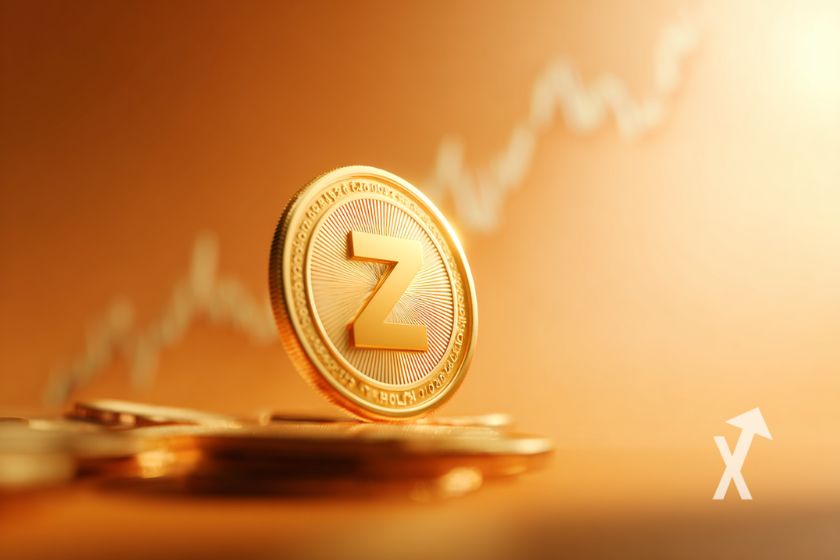 zcash coin sur un fond orange avec trendline dorée en fond