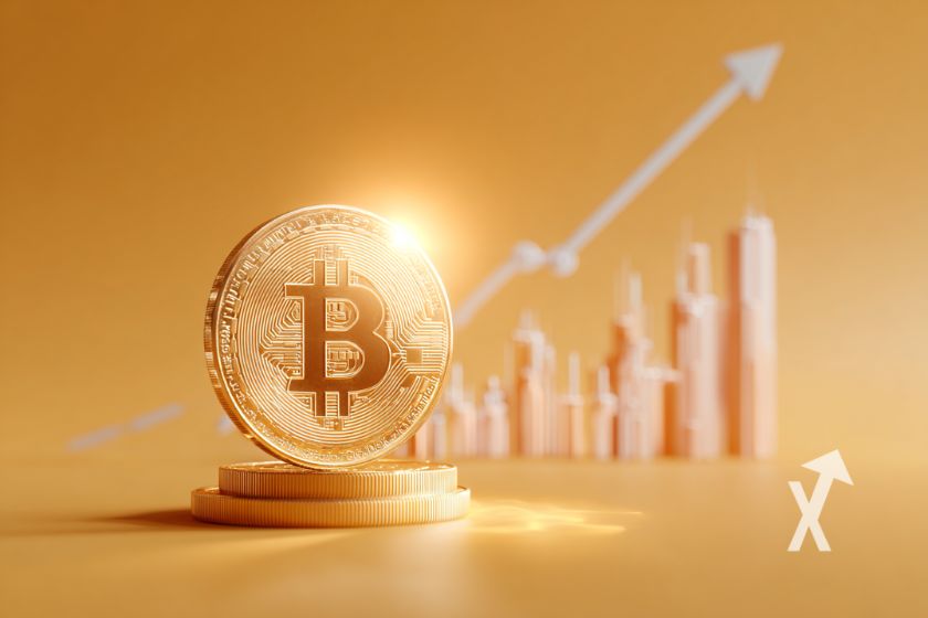 bitcoin coin orange sur un fond orange avec trendline et bougies