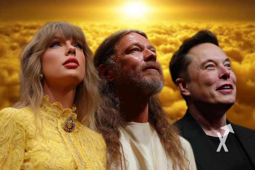 taylor swift j"sus et elon musk dans un ciel jaune