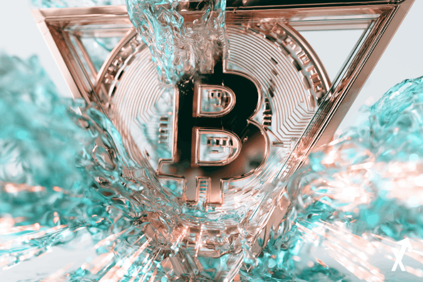 hausse de liquidité mondiale, triangle doré du dollar index en rupture haussière, symbole Bitcoin rayonnant d'une lumière or rosé, ondes d'énergie turquoise en expansion, flux de données financières lumineux
