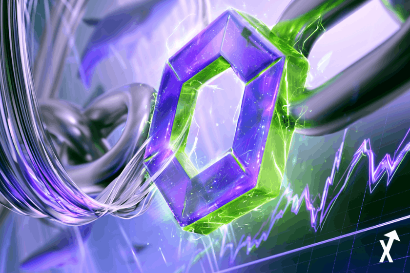 Token Chainlink LINK rayonnant d'énergie violette et vert lime, flux de données argentés sortant de serveurs d'exchange vers des wallets froids, silhouettes de baleines accumulant des pièces sur fond lumineux
