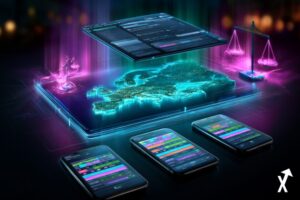 Carte européenne brillant de lumière teal et indigo, interface de marché prédictif flottant au-dessus des frontières nationales, balances juridiques rayonnant d'énergie magenta, écrans de smartphones affichant des graphiques de paris colorés, atmosphère lumineuse cristalline, composition financière éditoriale précise, zéro tons sombres
