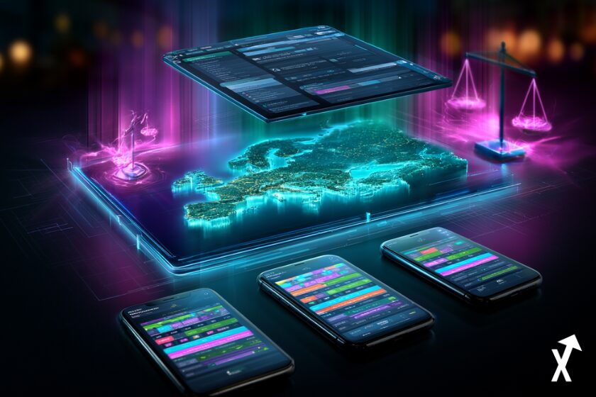 Carte européenne brillant de lumière teal et indigo, interface de marché prédictif flottant au-dessus des frontières nationales, balances juridiques rayonnant d'énergie magenta, écrans de smartphones affichant des graphiques de paris colorés, atmosphère lumineuse cristalline, composition financière éditoriale précise, zéro tons sombres