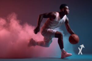 joueur de basket avec un maillot blanc sur un fond bleu et rose en fumée
