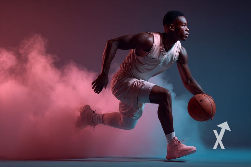 joueur de basket avec un maillot blanc sur un fond bleu et rose en fumée