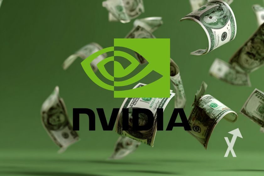 logo NVIDIA sur un fond vert avec billets dollars