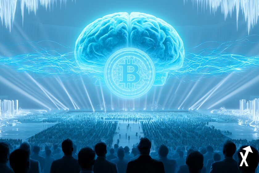 IA géant cyan glacé face à une pièce Bitcoin lumineuse, tous deux flottant au-dessus d'une vaste arène de marché financier, flux de données bleu électrique les reliant, faisceaux de lumière blanc cristal rayonnant vers l'extérieur, investisseurs institutionnels en silhouettes observant depuis le bas, composition éditoriale ultra-précise, atmosphère arctique lumineuse, zéro tons sombres