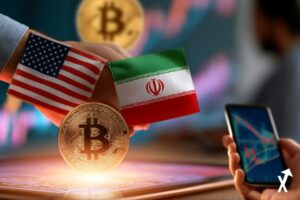 Poignée de main diplomatique lumineuse pêche et lavande entre drapeaux USA et Iran au-dessus d'une interface de marché prédictif brillante, pièce Bitcoin dorée s'élevant en arrière-plan, silhouette de trader