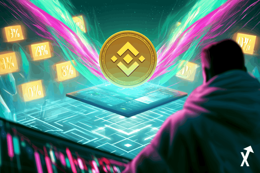 Pièce BNB rayonnant des faisceaux d'énergie vert émeraude et fuchsia, interface de prédiction Polymarket flottant au-dessus d'un réseau blockchain
