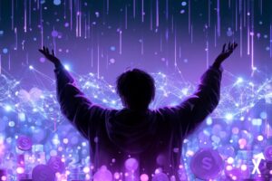 Interface de marché prédictif ultra-violet avec pièces de rebate blanc pur tombant en pluie, flux de données argent électrique circulant entre des nœuds de marché lumineux, silhouette de trader de dos entourée de tokens USDC