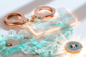 Menottes or rose brillant au-dessus d'une interface Polymarket lumineuse, trail de transactions blockchain rendu en fils de lumière turquoise reliant des nœuds wallet, logo Google se dissolvant en documents juridiques