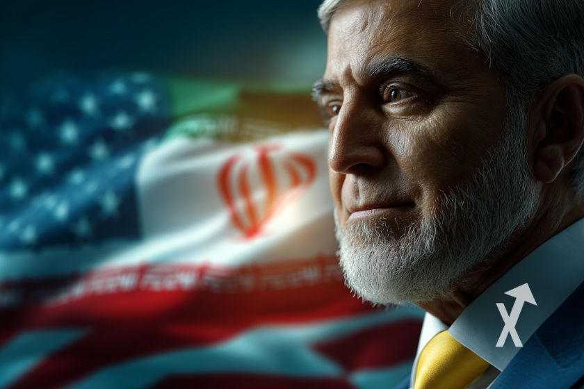Homme politique devant un drapeau us iran