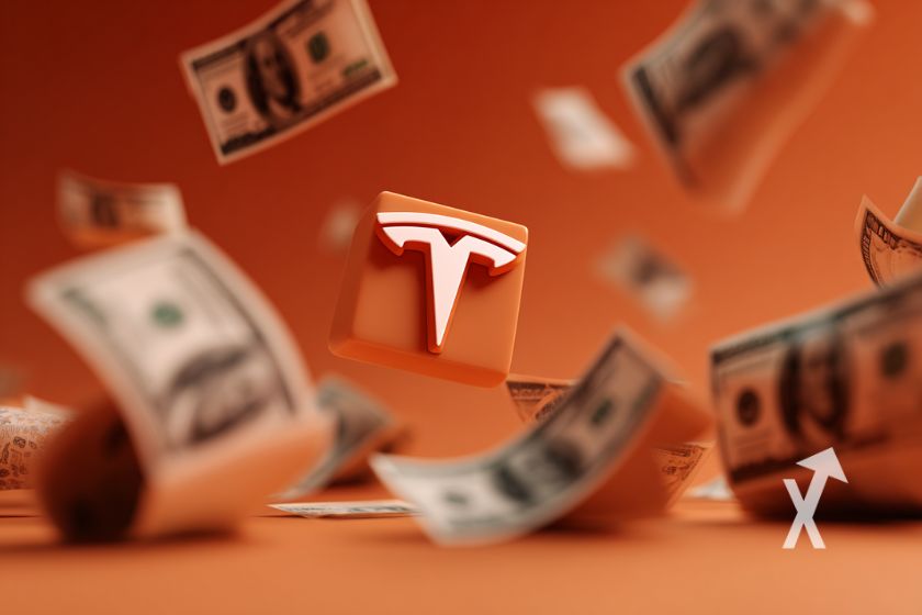 logo tesla sur un fond orange avec billets dollars