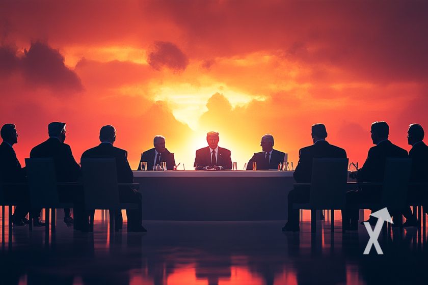 Discuss&atilde;o criptomoeda com Trump em mesa.