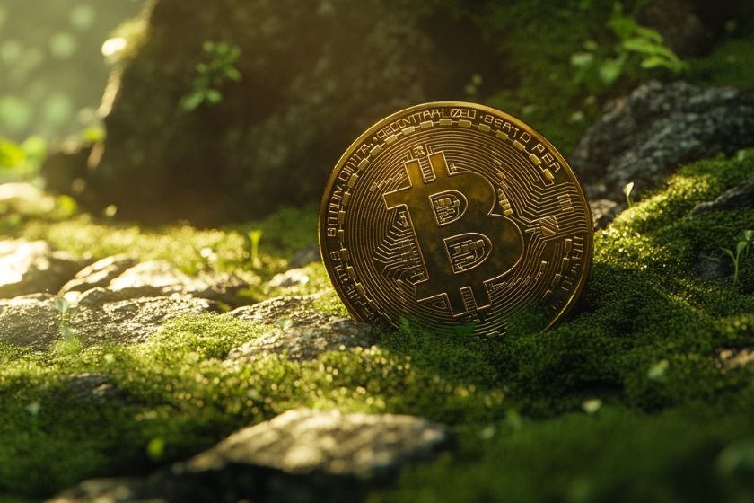 Criptomoeda em ambiente natural verde.