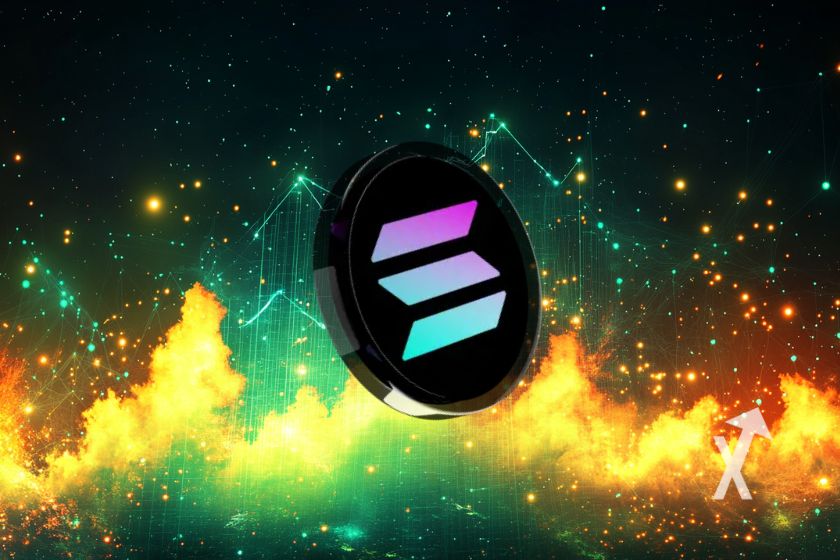 Cryptocurrency Solana logo on abstract background.