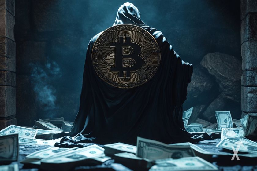 Est&aacute;tua de Satoshi Nakamoto com dinheiro.