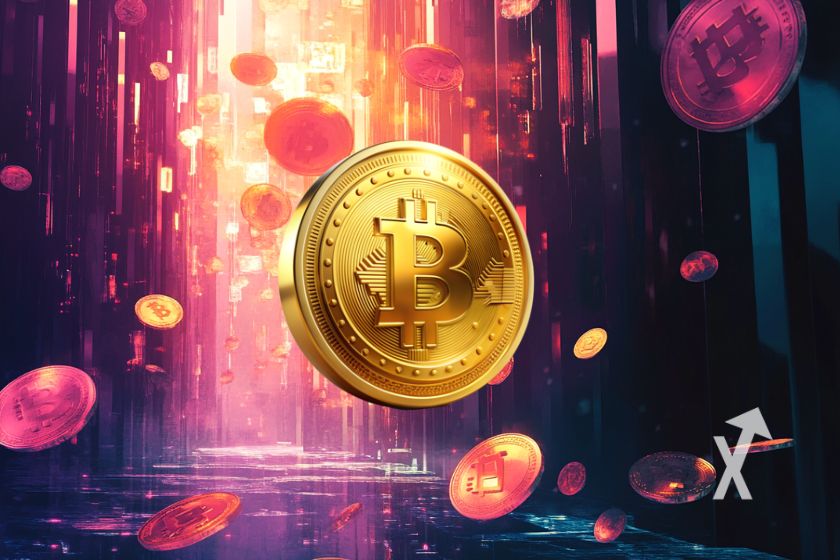 Moeda digital bitcoin em fundo escuro.