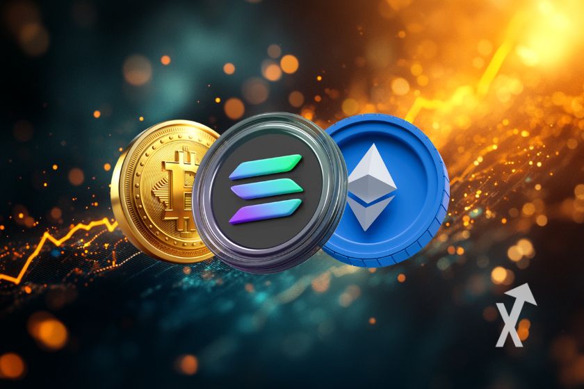 Moedas digitais bitcoin, sol e ethereum.