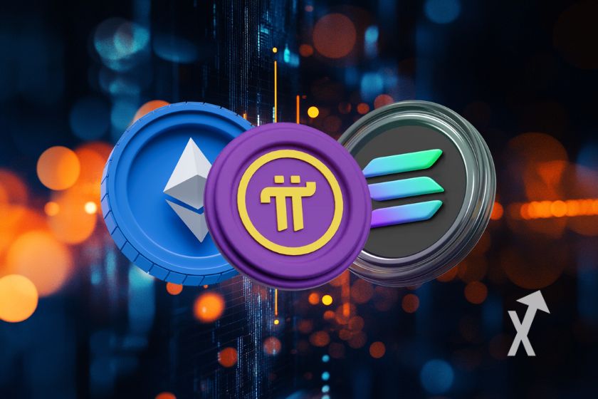 Criptomoedas Ethereum, Solana e Pi.