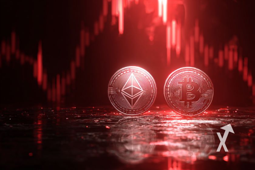 Capa com criptomoedas, Bitcoin, Ethereum.