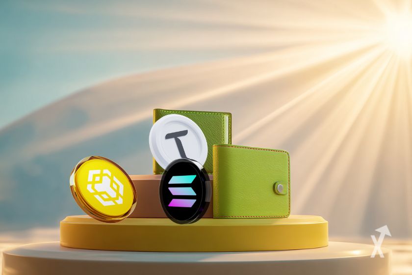 Tr&ecirc;s tokens de altcoins em destaque.