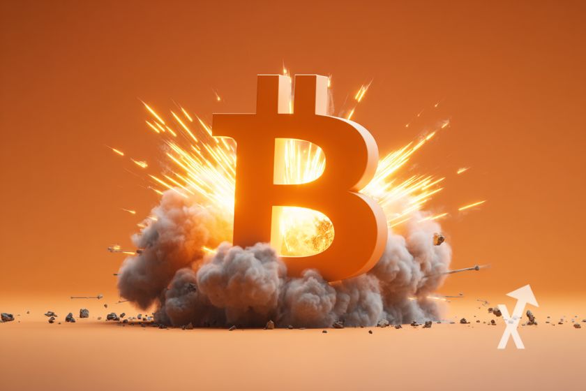 Bitcoin moeda 3D com explos&atilde;o, fumo.