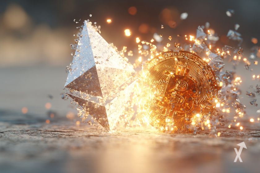 Logos 3D do Ethereum e Bitcoin.