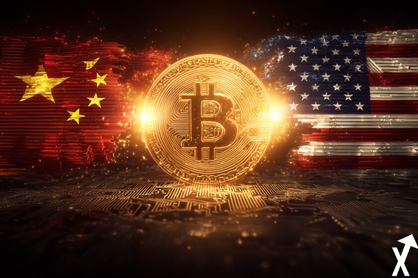 Bitcoin coins surrounded by China and USA flags.