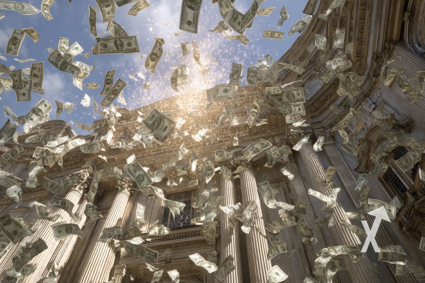 Banco BCe com notas de d&oacute;lar voando no c&eacute;u.