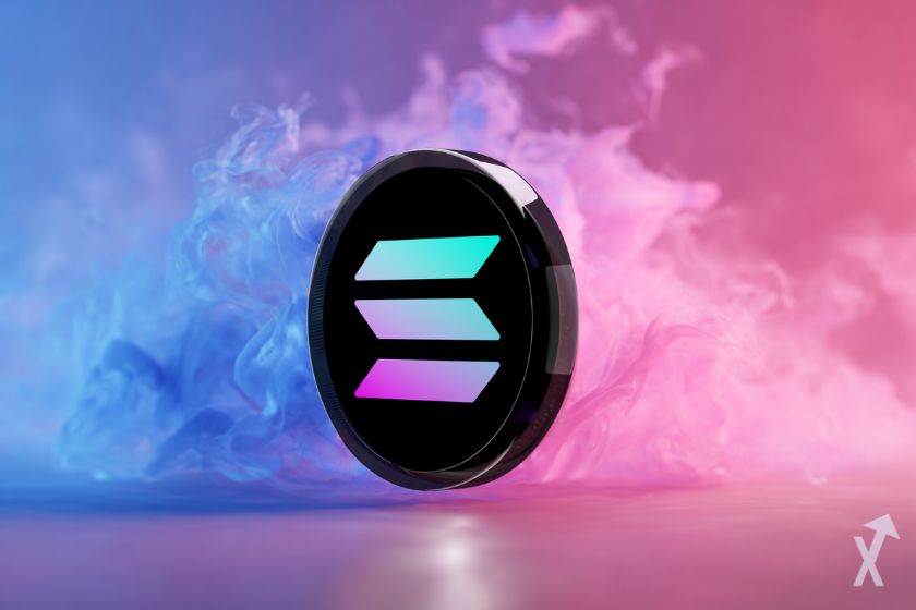 moeda solana sol preta em fumo azul e rosa