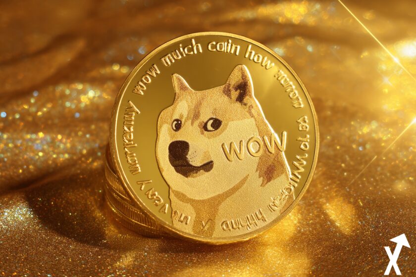 dogecoin ouro em fundo dourado colorido