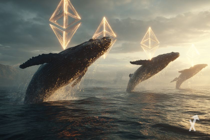 Baleias no oceano perto de logotipos ETH em 3D.