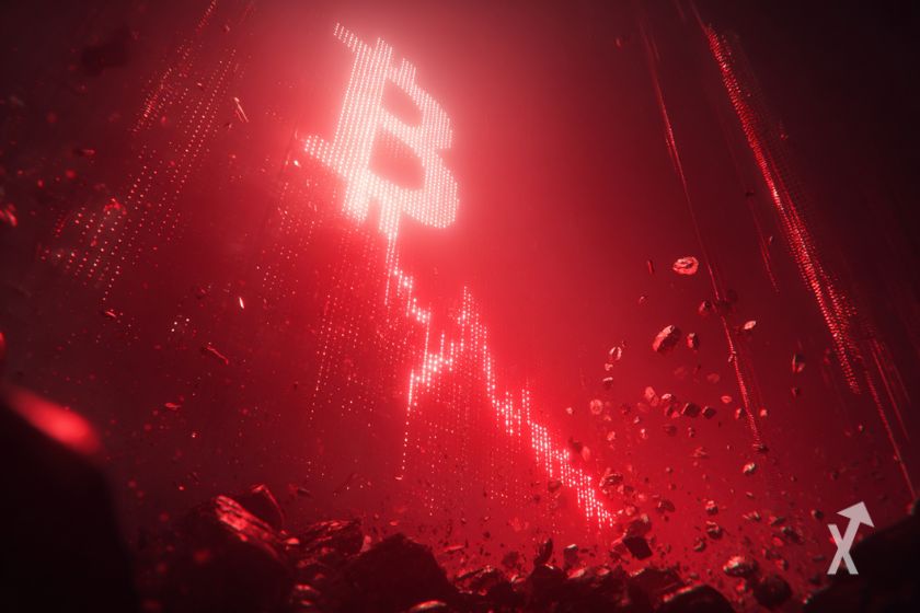 O muro vermelho do mercado cripto com o logo do Bitcoin iluminado a desmoronar.
