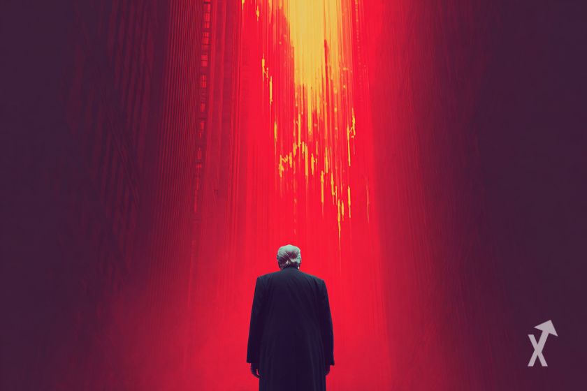 Donald Trump em frente a mural vermelho gigante.